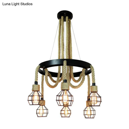 Industrial Iron Cage Pendant Light With Hemp Rope: Black 6-Light Chandelier For Dining Room