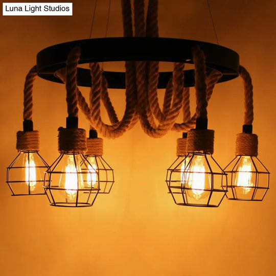 Industrial Iron Cage Chandelier With Hemp Rope - Black 6-Light Pendant Light For Dining Room