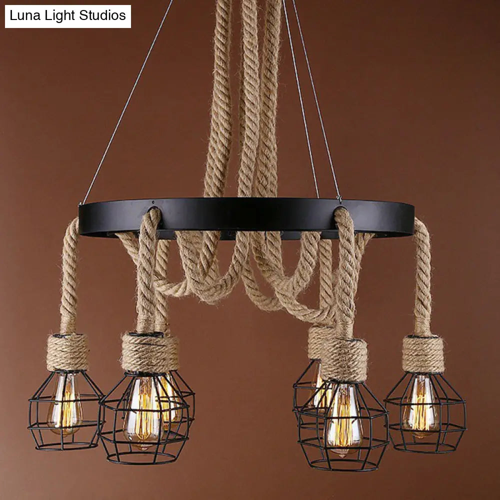 Industrial Iron Cage Chandelier With Hemp Rope - Black 6-Light Pendant Light For Dining Room