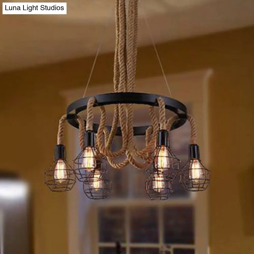 Industrial Iron Cage Pendant Light With Hemp Rope: Black 6-Light Chandelier For Dining Room