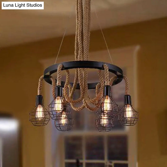 Industrial Iron Cage Pendant Light With Hemp Rope: Black 6-Light Chandelier For Dining Room