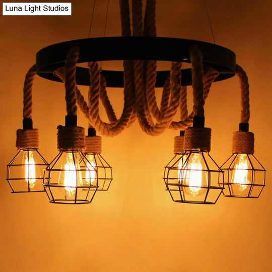 Industrial Iron Cage Pendant Light With Hemp Rope: Black 6-Light Chandelier For Dining Room