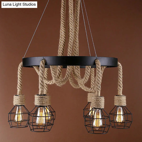 Industrial Iron Cage Pendant Light With Hemp Rope: Black 6-Light Chandelier For Dining Room