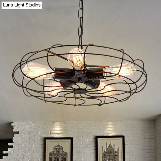 Industrial Iron Chandelier - 5-Light Cage Hanging Lamp For Bedroom Lighting Black / Chain