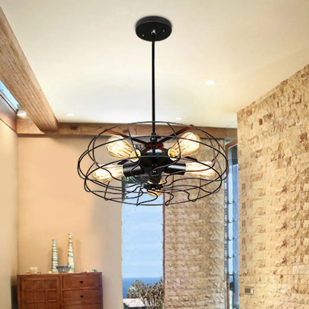 Industrial Iron Cage Hanging Lamp | 5-Light Chandelier For Bedroom Black / Downrods