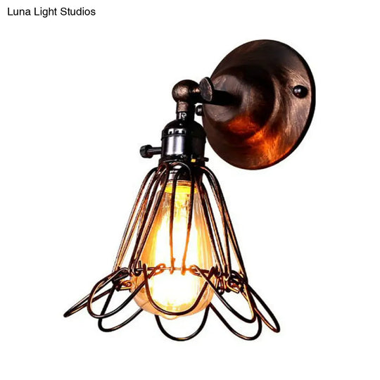 Industrial Iron Cage Rotatable Bronze Sconce Lamp - Floral Wall Mount Light For Bar