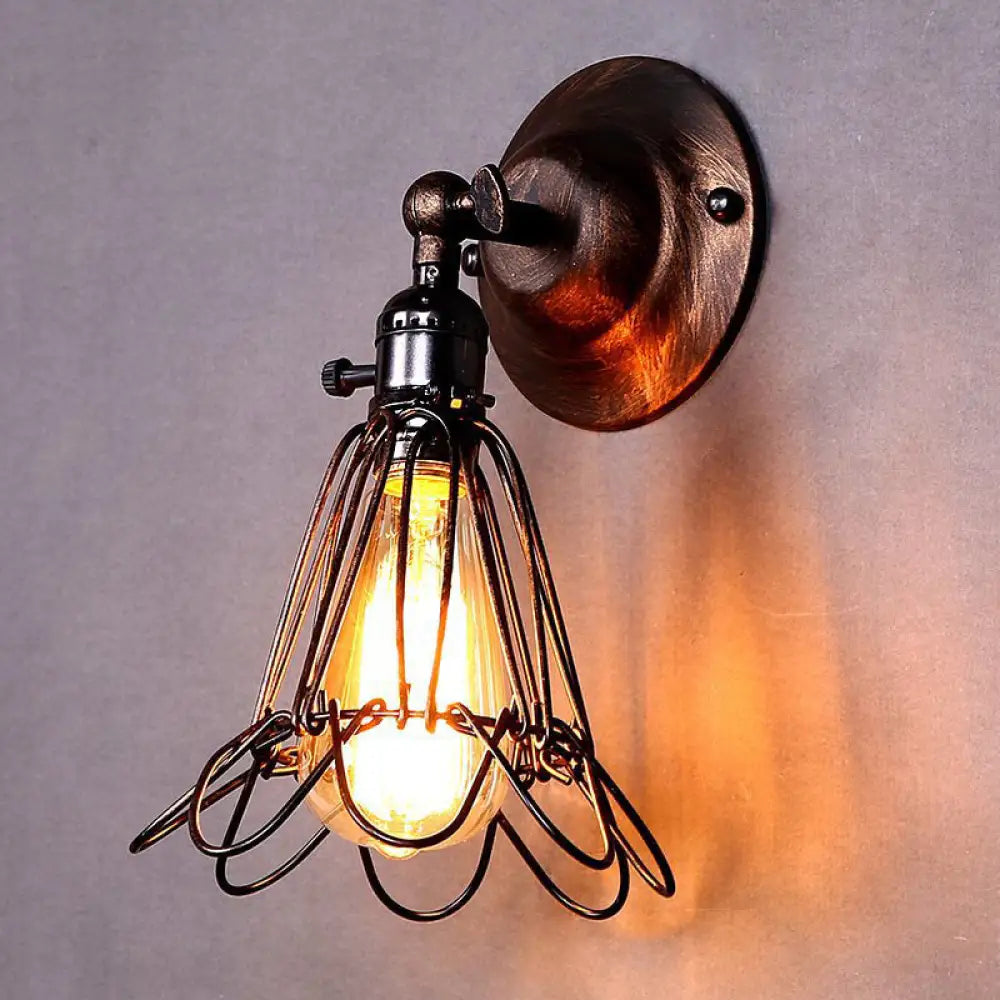 Industrial Iron Cage Rotatable Bronze Sconce Lamp - Floral Wall Mount Light For Bar