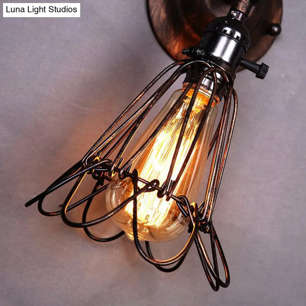 Industrial Iron Cage Rotatable Bronze Sconce Lamp - Floral Wall Mount Light For Bar