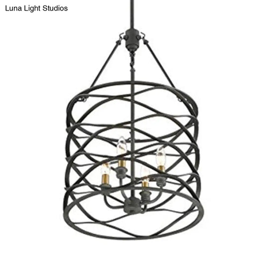 Industrial Iron Cage Shade Hanging Lamp – Black Cylindrical Design 4 Bulb Chandelier For Dining Room