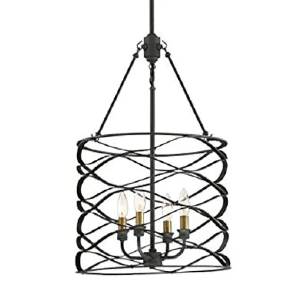 Industrial Iron Cage Shade Hanging Lamp – Black Cylindrical Design 4 Bulb Chandelier For Dining Room