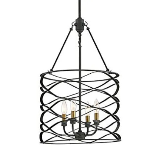 Industrial Iron Cage Shade Hanging Lamp – Black Cylindrical Design 4 Bulb Chandelier For Dining Room