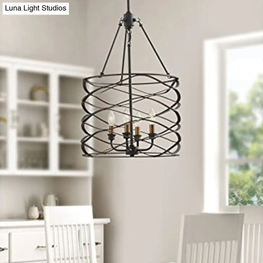 Industrial Black Hanging Lamp With Cage Shade & 4 Bulbs - Dining Room Light Fixture