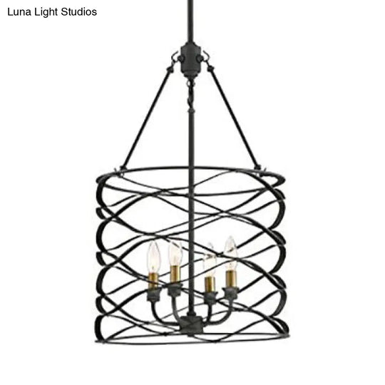 Industrial Black Hanging Lamp With Cage Shade & 4 Bulbs - Dining Room Light Fixture