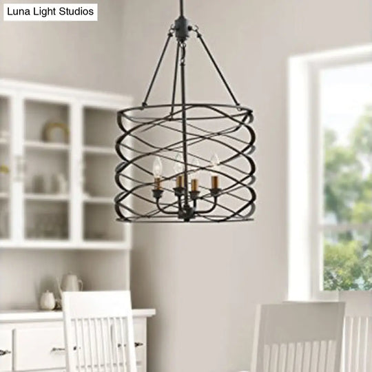 Industrial Iron Cage Shade Hanging Lamp – Black Cylindrical Design 4 Bulb Chandelier For Dining Room