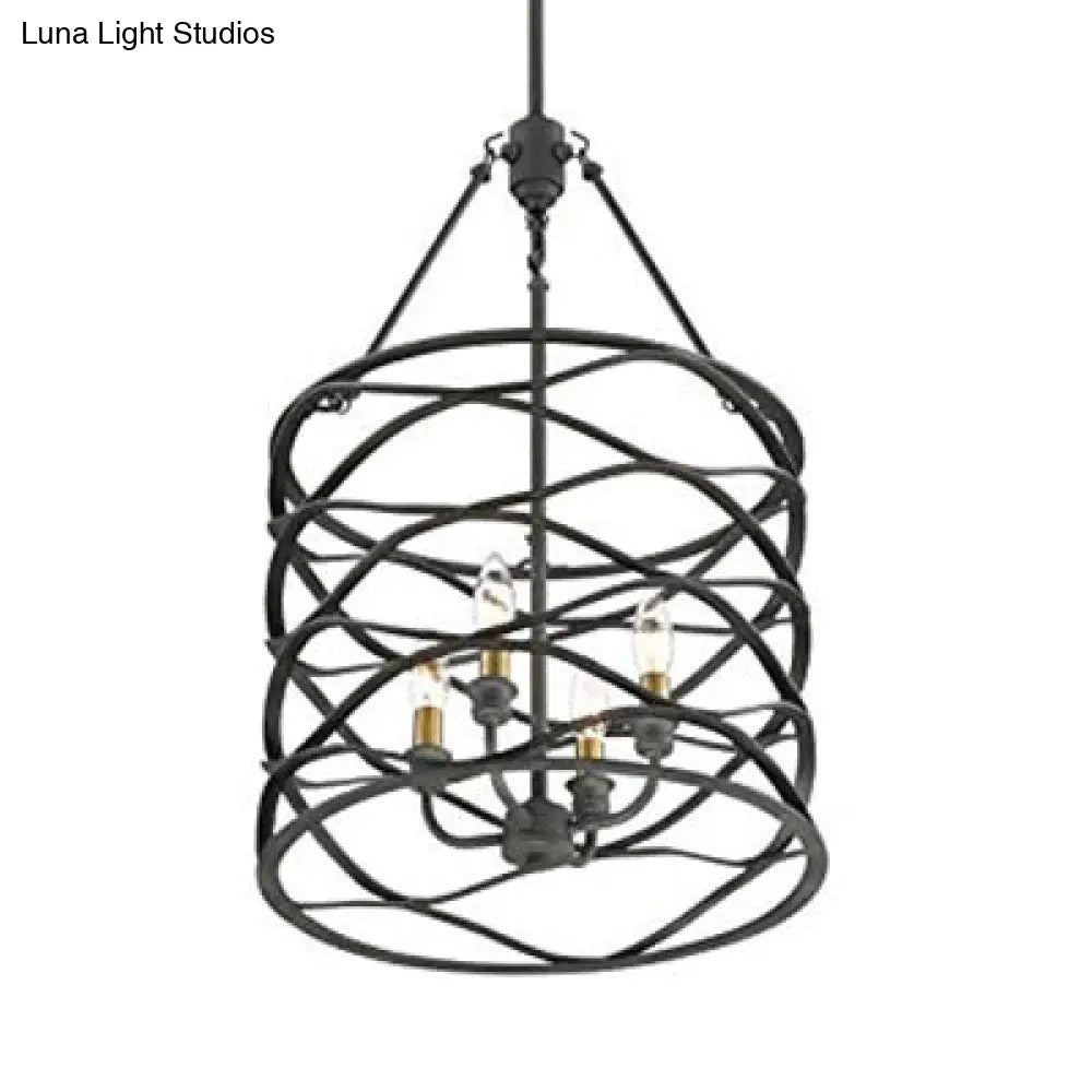 Industrial Black Hanging Lamp With Cage Shade & 4 Bulbs - Dining Room Light Fixture