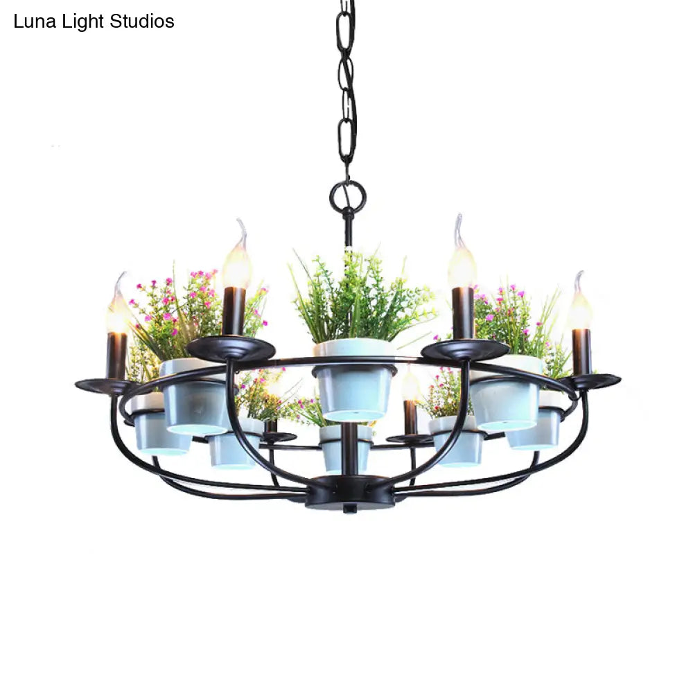 Industrial Iron Candelabra Chandelier 6/8 Head Black Pendant Light With Potted Plant Decor -