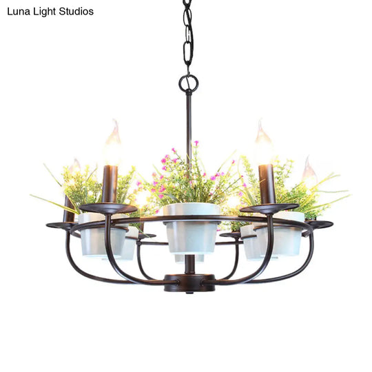 Industrial Iron 6/8-Light Black Pendant Chandelier With Potted Plant Decor For Living Room