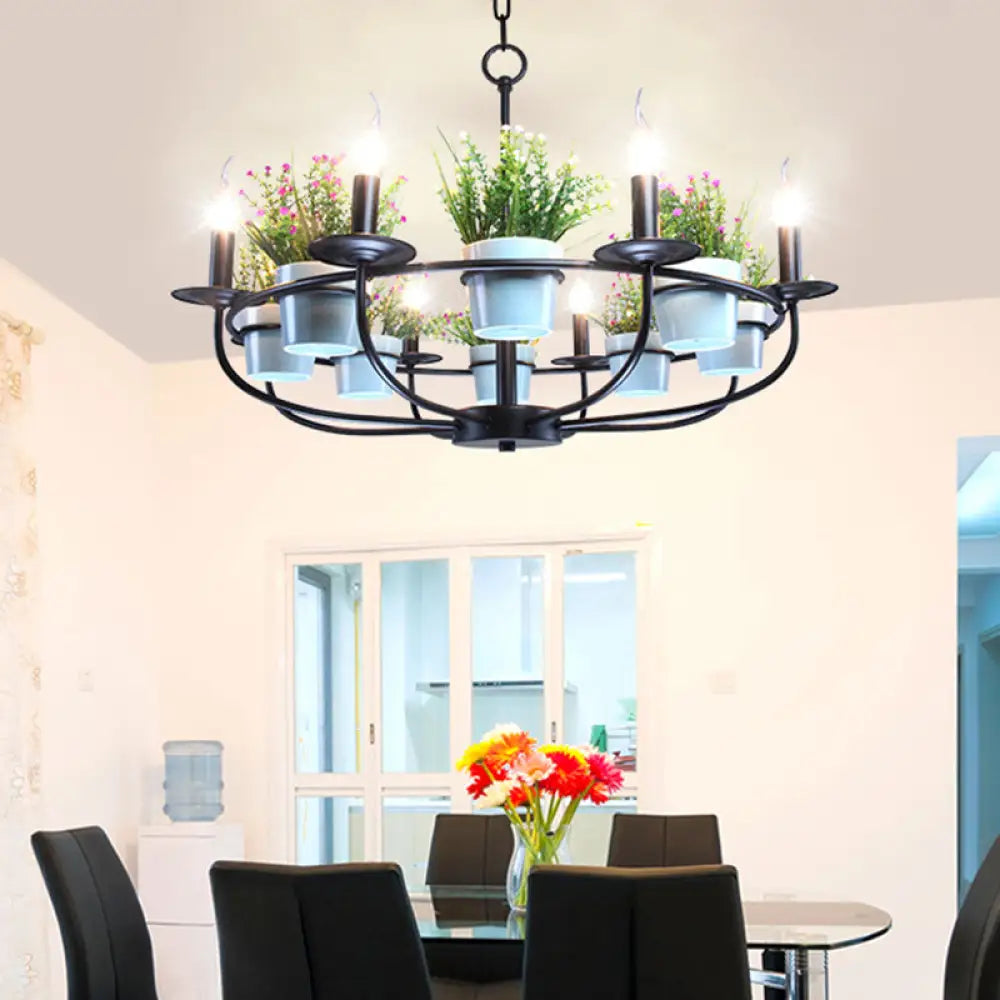 Industrial Iron Candelabra Chandelier 6/8 Head Black Pendant Light With Potted Plant Decor -