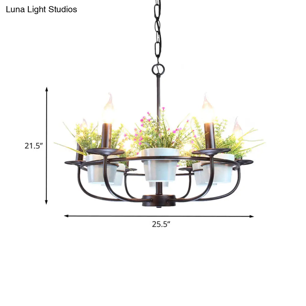 Industrial Iron Candelabra Chandelier 6/8 Head Black Pendant Light With Potted Plant Decor -