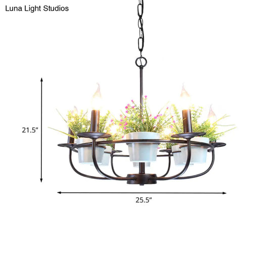 Industrial Iron Candelabra Chandelier 6/8 Head Black Pendant Light With Potted Plant Decor -