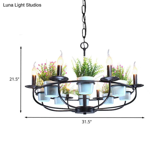 Industrial Iron 6/8-Light Black Pendant Chandelier With Potted Plant Decor For Living Room