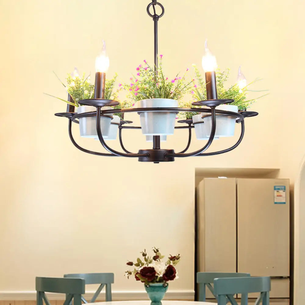 Industrial Iron Candelabra Chandelier 6/8 Head Black Pendant Light With Potted Plant Decor -