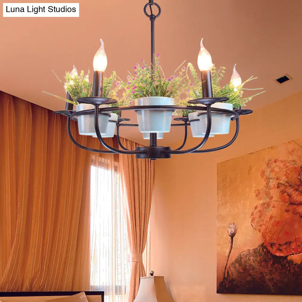 Industrial Iron Candelabra Chandelier 6/8 Head Black Pendant Light With Potted Plant Decor -