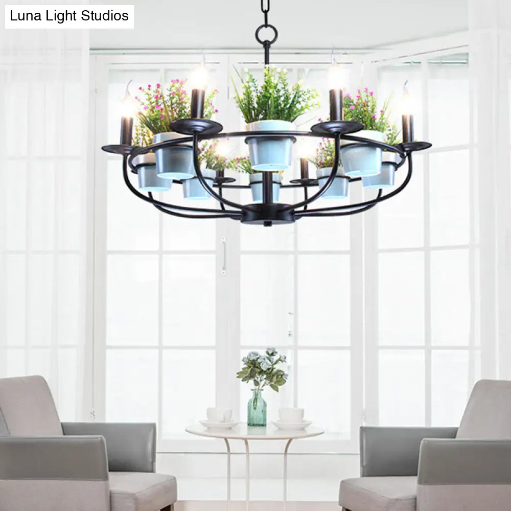 Industrial Iron 6/8-Light Black Pendant Chandelier With Potted Plant Decor For Living Room