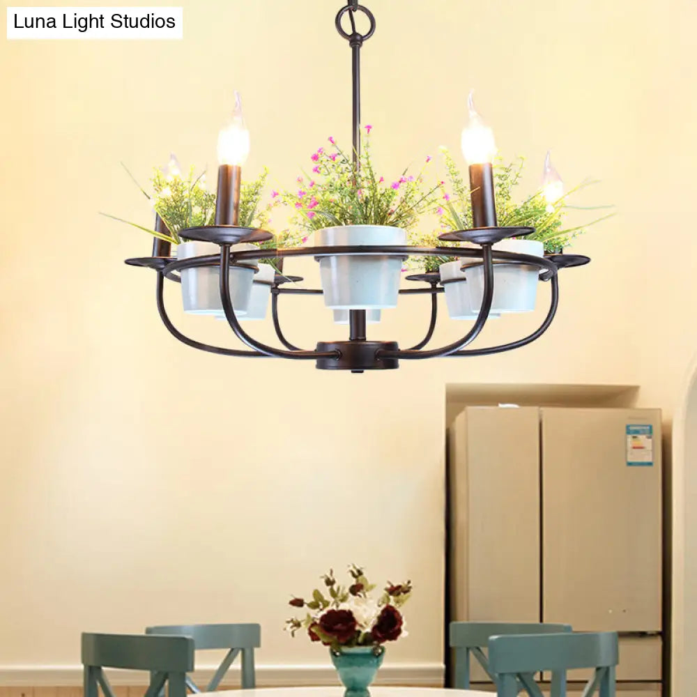 Industrial Iron 6/8-Light Black Pendant Chandelier With Potted Plant Decor For Living Room 6 /