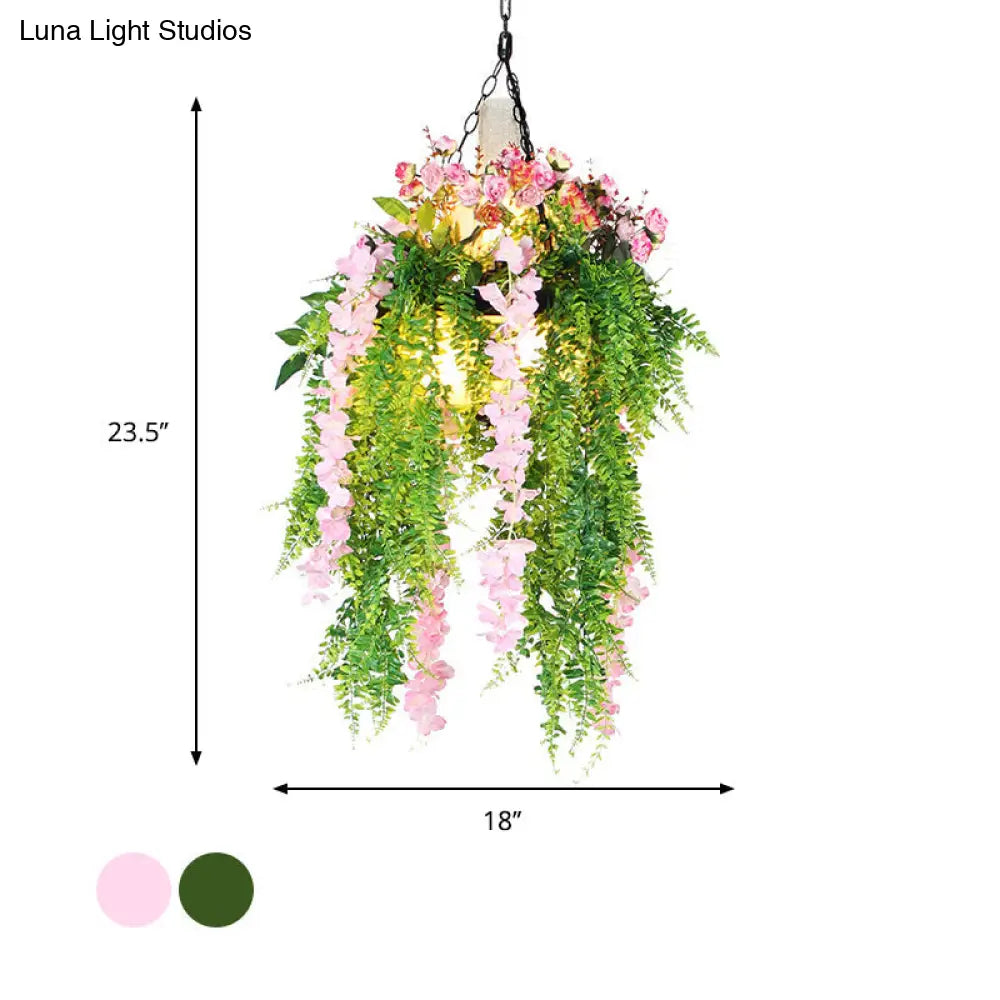 Industrial Plant Ceiling Pendant Light - 1 Head Iron Suspended Fixture Pink/Green For Restaurants