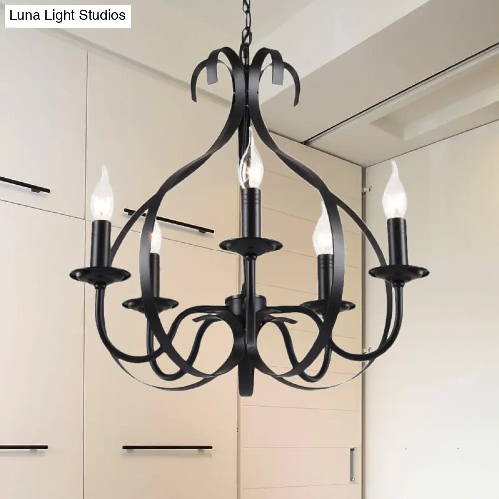 Industrial Iron Chandelier Lamp: Adjustable Flameless Candle Pendant Lighting 6 Bulbs Black Finish