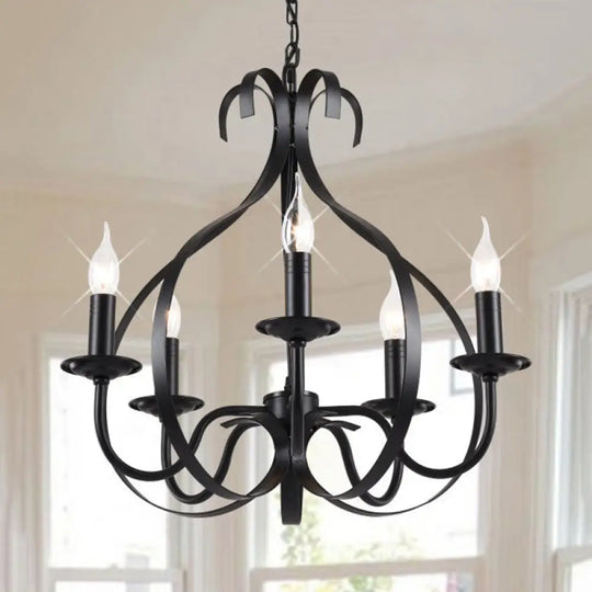 Industrial Iron Chandelier Lamp: Adjustable Flameless Candle Pendant Lighting 6 Bulbs Black Finish