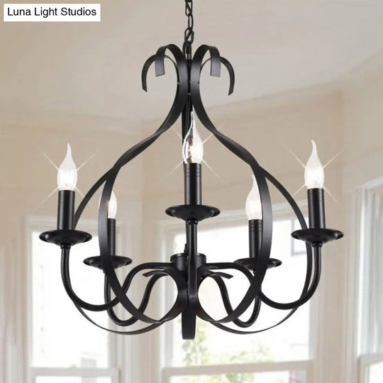 Industrial Iron Chandelier: Flameless Candle Lamp With 6 Bulbs Adjustable Chain - Black Pendant