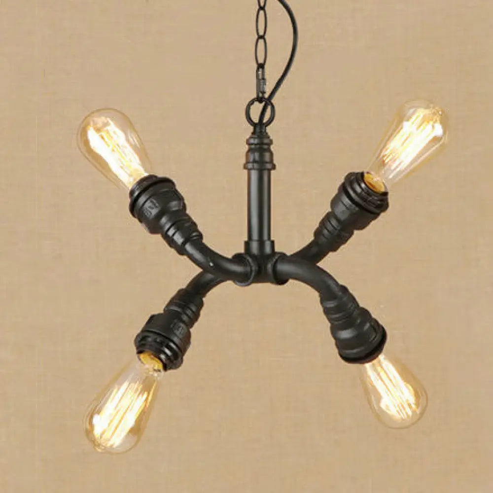 Industrial Iron Chandelier Pendant Light With Water Pipe - Stylish Bare Bulb Lamp (4-Light Black)