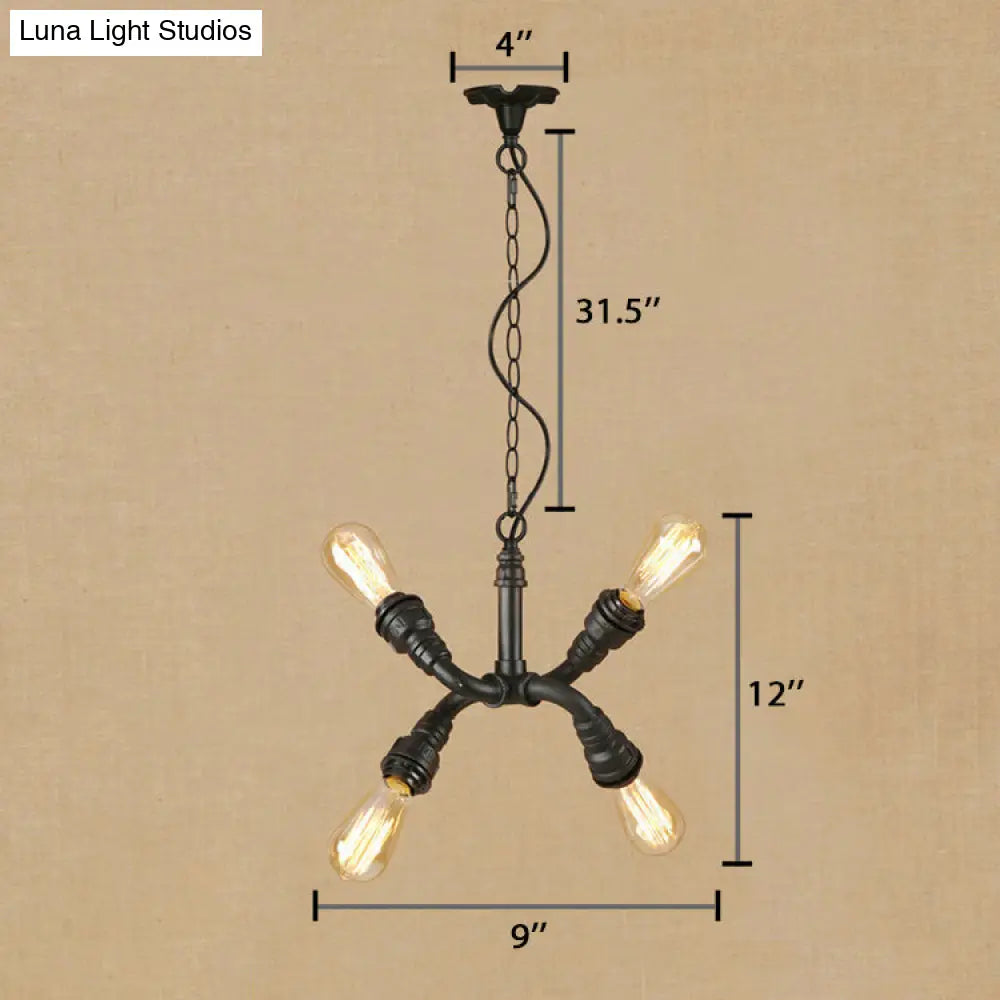 Industrial Iron Chandelier Pendant Light With Water Pipe - Stylish Bare Bulb Lamp (4-Light Black)