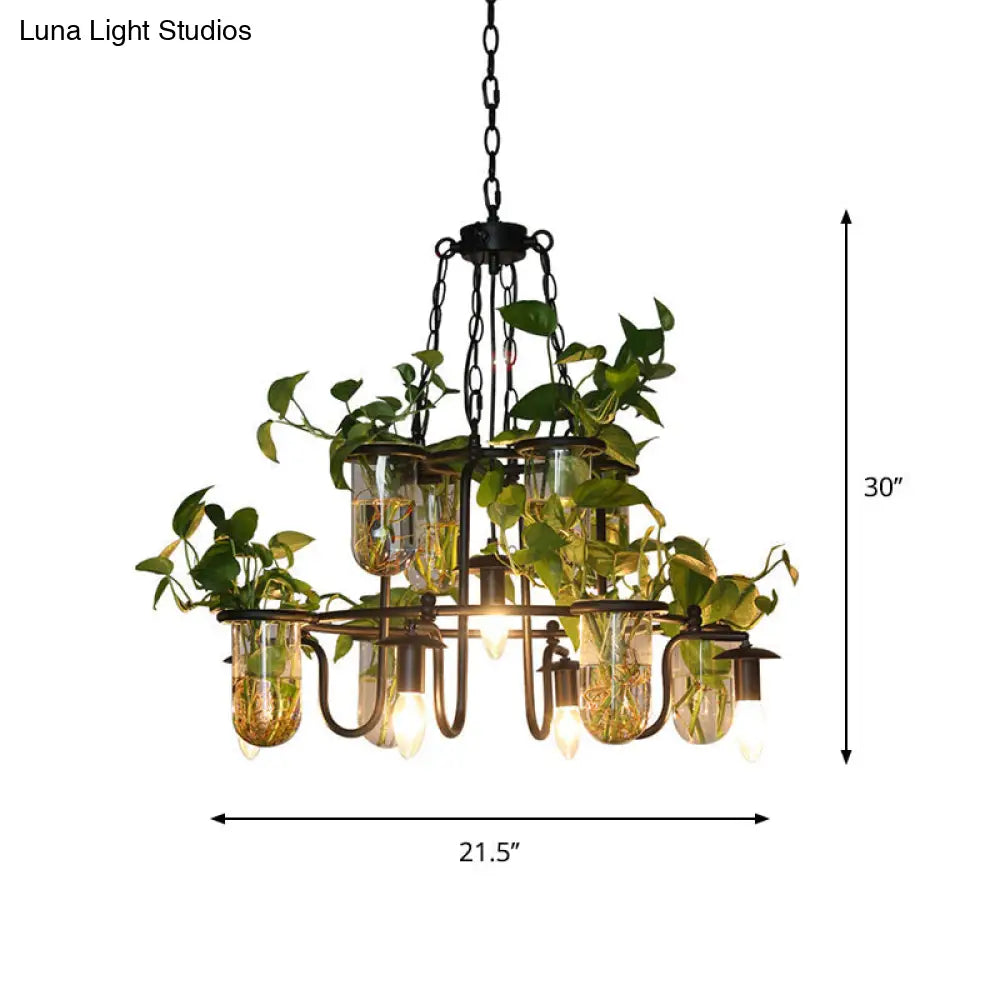 Industrial Iron 5-Bulb Black Chandelier Lamp With Hanging Plant Cup - Candle Restaurant Lighting