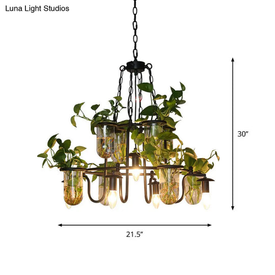 Industrial Iron 5-Bulb Black Chandelier Lamp With Hanging Plant Cup - Candle Restaurant Lighting