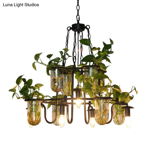 Industrial Iron 5-Bulb Black Chandelier Lamp With Hanging Plant Cup - Candle Restaurant Lighting