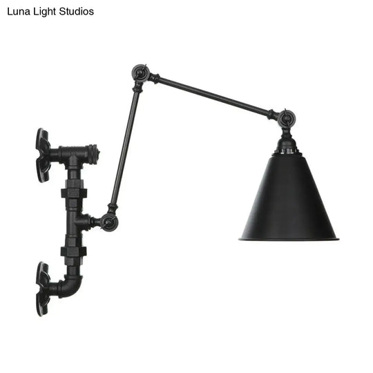 Industrial Iron Cone/Flared Wall Lamp - Black 1-Light Rotatable Fixture With Water Pipe Bracket