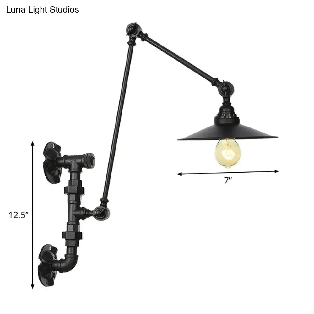 Industrial Iron Cone/Flared Wall Lamp - Black 1-Light Rotatable Fixture With Water Pipe Bracket