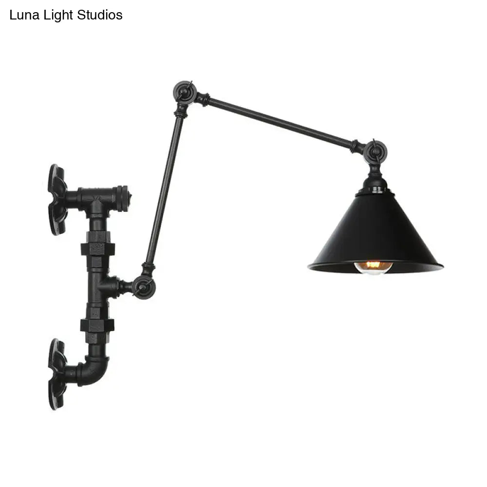 Industrial Iron Cone/Flared Wall Lamp - Black 1-Light Rotatable Fixture With Water Pipe Bracket