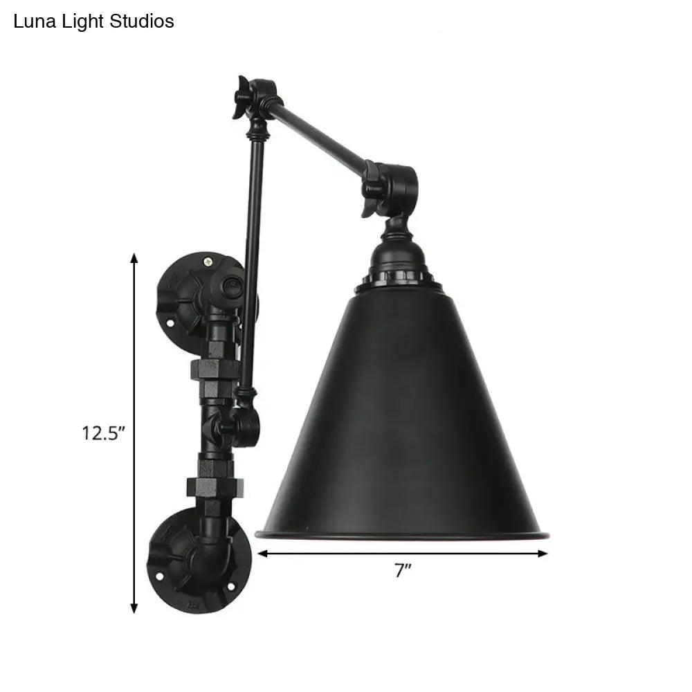 Industrial Iron Cone/Flared Wall Lamp - Black 1-Light Rotatable Fixture With Water Pipe Bracket