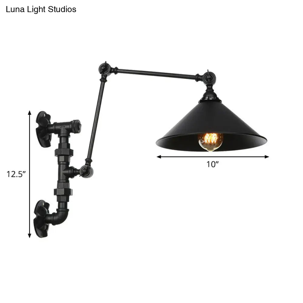 Industrial Iron Cone/Flared Wall Lamp - Black 1-Light Rotatable Fixture With Water Pipe Bracket