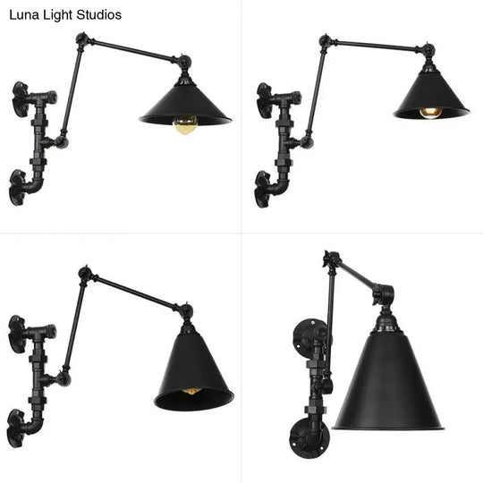 Industrial Iron Cone/Flared Wall Lamp - Black 1-Light Rotatable Fixture With Water Pipe Bracket