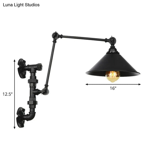 Industrial Iron Cone/Flared Wall Lamp - Black 1-Light Rotatable Fixture With Water Pipe Bracket