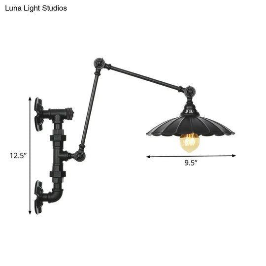 Industrial Iron Cone/Flared Wall Lamp - Black 1-Light Rotatable Fixture With Water Pipe Bracket