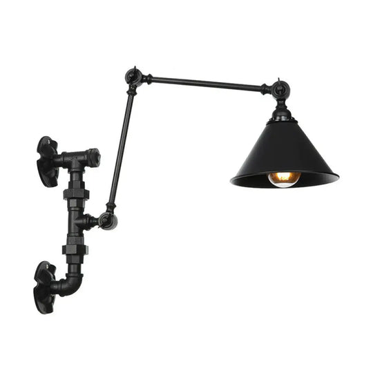 Industrial Iron Cone/Flared Wall Lamp - Black 1-Light Rotatable Fixture With Water Pipe Bracket / A