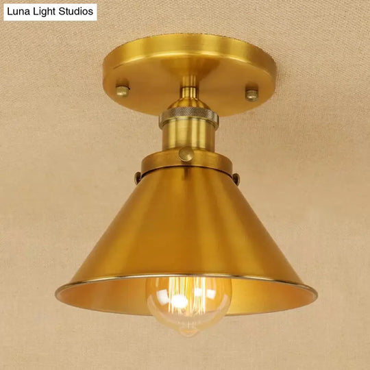 Industrial Iron Cone Shade 1-Light Ceiling Lamp: Rust/Black/Copper Semi Mount Lighting Bronze