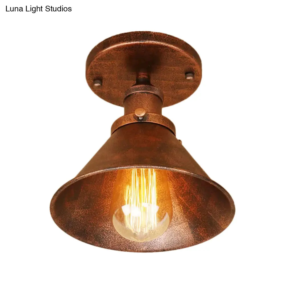 Industrial Iron Cone Shade 1 - Light Ceiling Lamp: Rust/Black/Copper Semi Mount Lighting