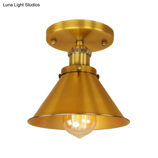 Industrial Iron Cone Shade 1-Light Ceiling Lamp: Rust/Black/Copper Semi Mount Lighting